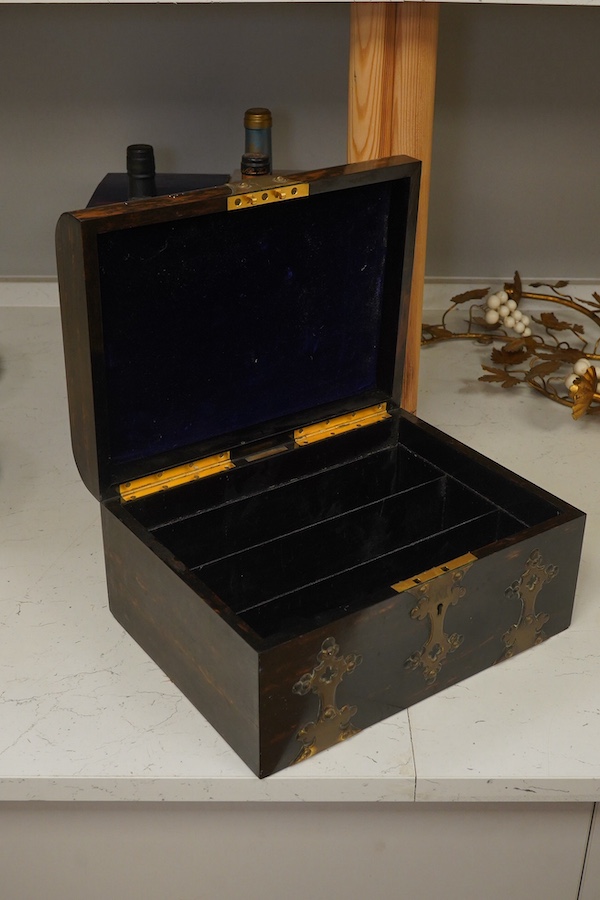 A late 19th century brass bound coromandel box with Betjemann & Sons lock, no key, 30cm wide. Condition - fair to good